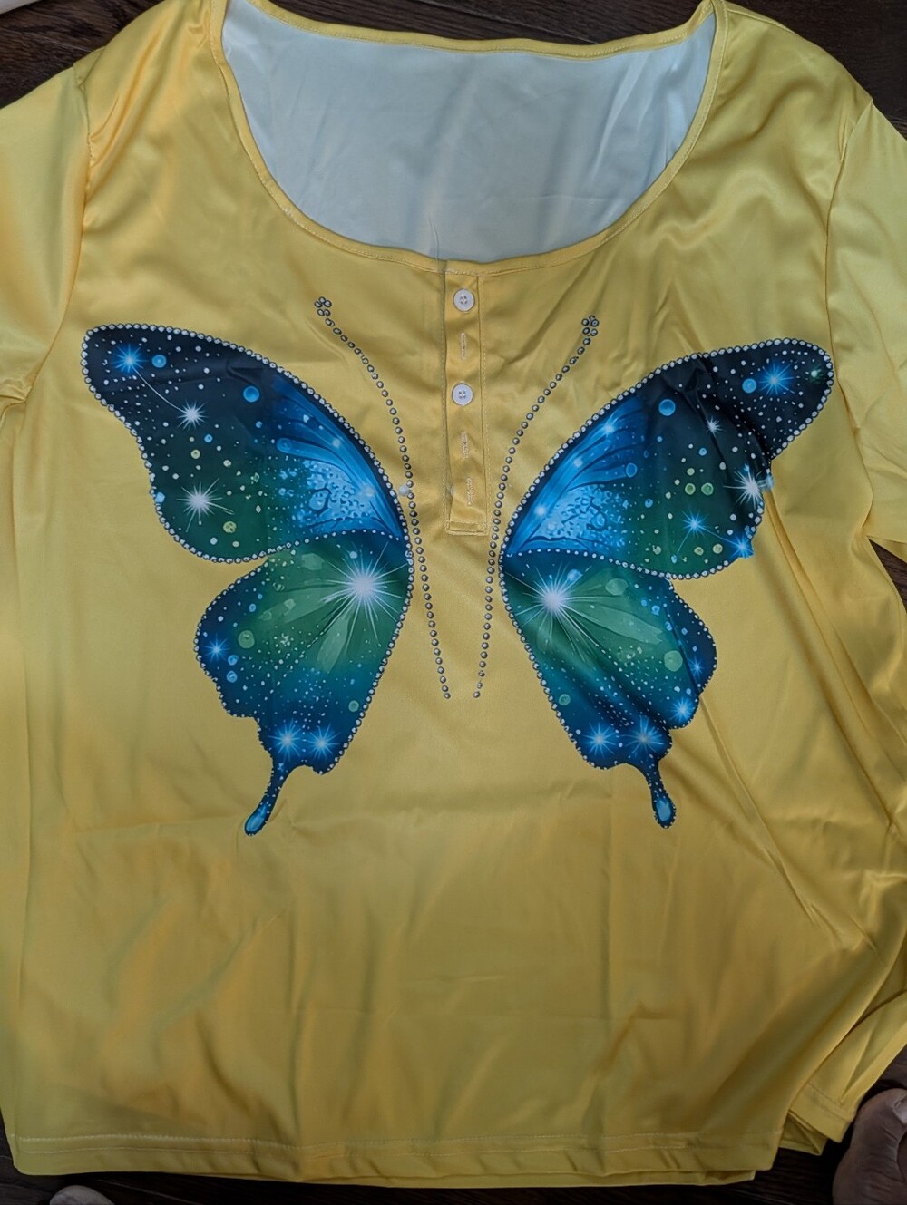 Yellow Women's Butterfly Print Button-Neck Top